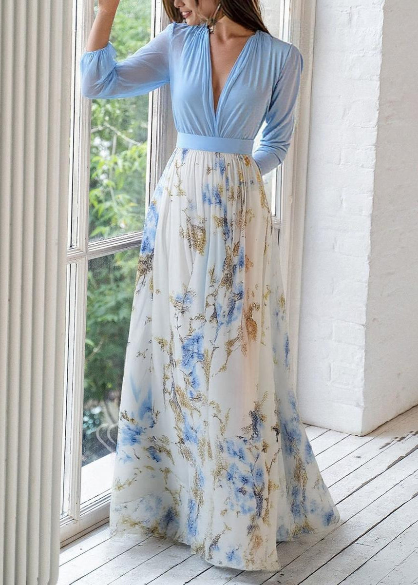 Maxi Evening Dress - Deep V-Neck - Floral Hem