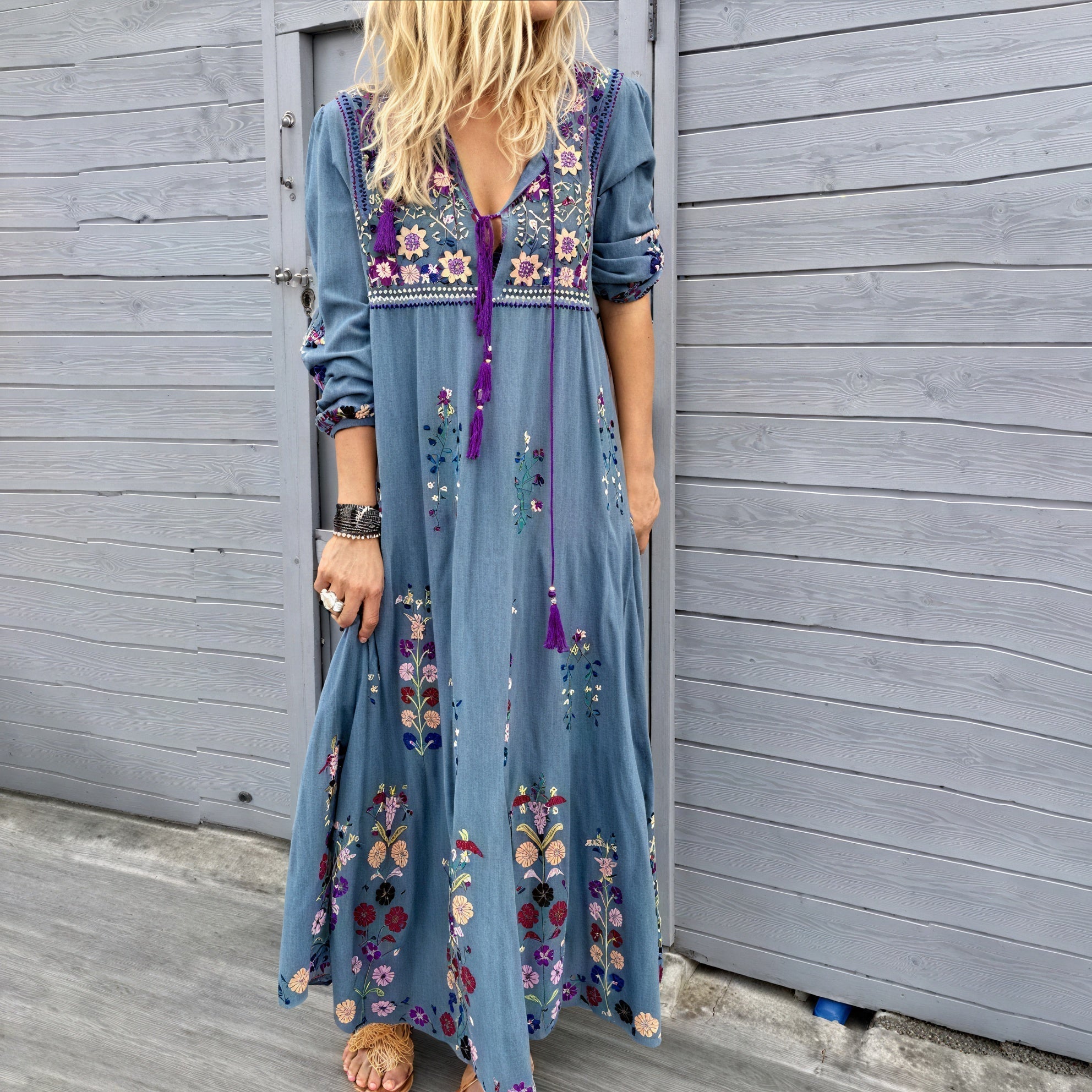 Boho Embroidered Maxi Dress - Flowing Fringed Hem