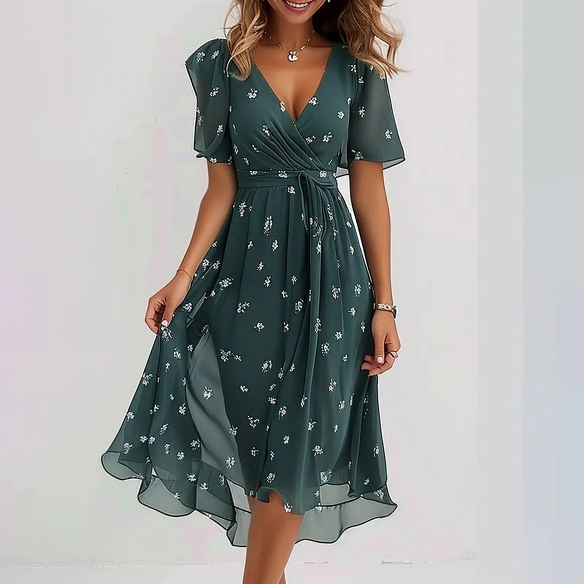 Women's V-Neck Evening Dress - Elegant - Printed Gown