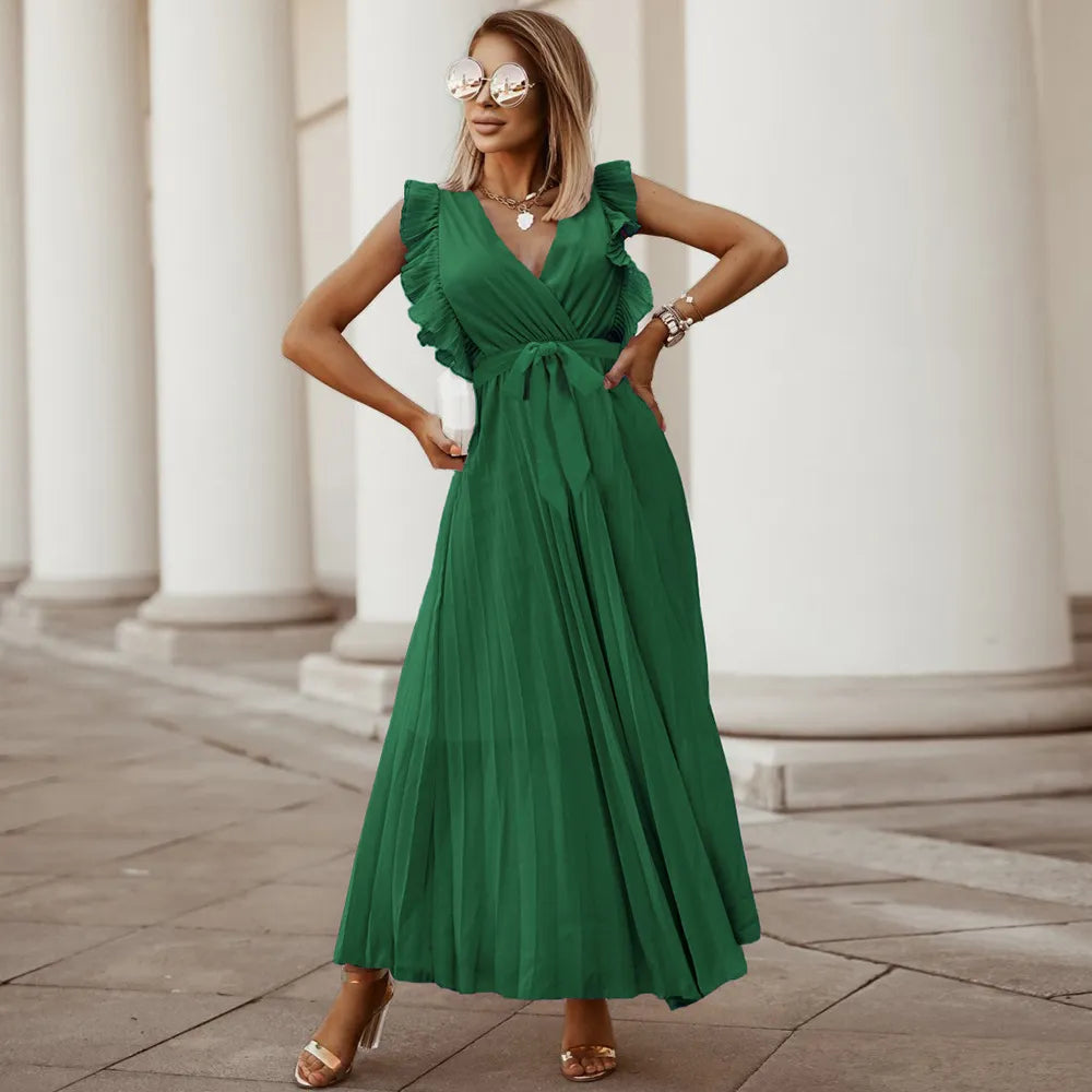 Denia Maxi Evening Dress - Elegant Ruffles - V-Neck