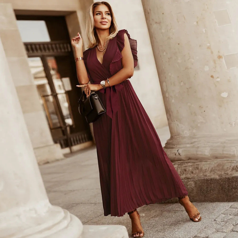 Denia Maxi Evening Dress - Elegant Ruffles - V-Neck