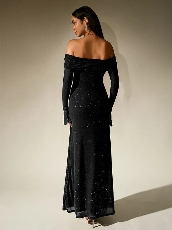 Alina Brown Evening Dress - Strapless - Glitter - Sheer Sleeves