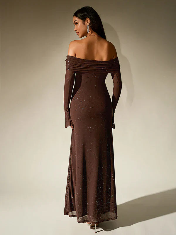Alina Brown Evening Dress - Strapless - Glitter - Sheer Sleeves