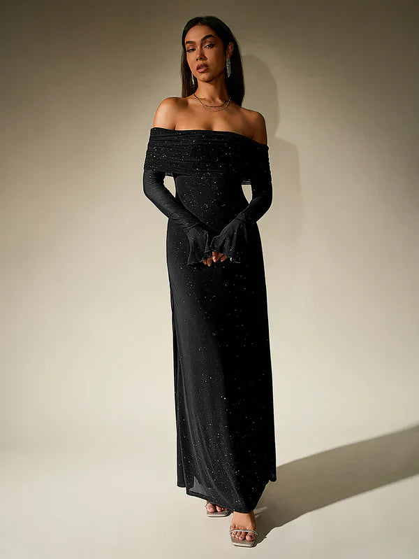 Alina Brown Evening Dress - Strapless - Glitter - Sheer Sleeves