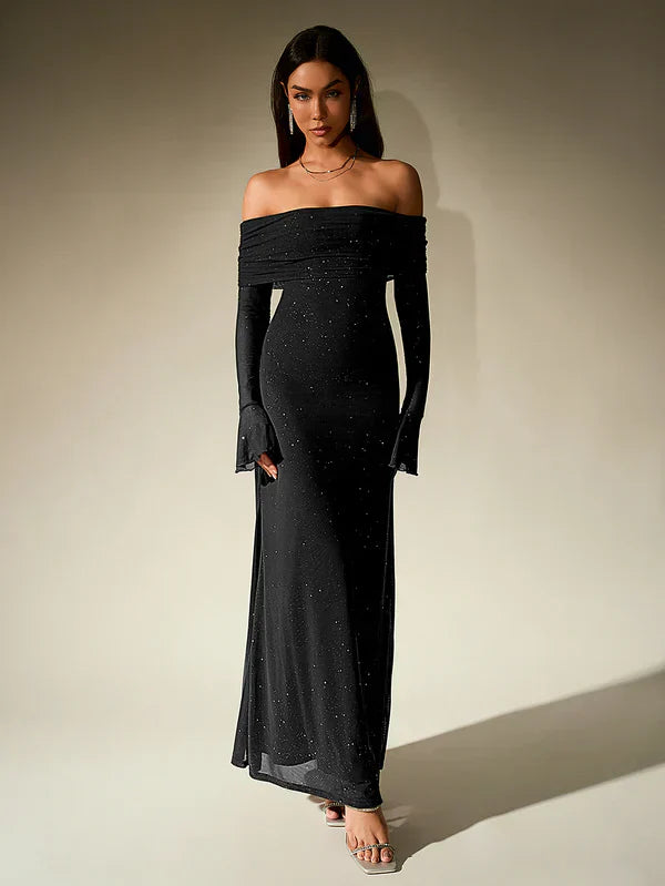 Alina Brown Evening Dress - Strapless - Glitter - Sheer Sleeves
