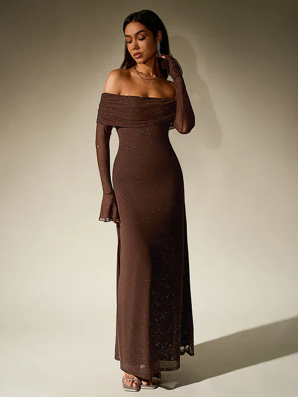 Alina Brown Evening Dress - Strapless - Glitter - Sheer Sleeves