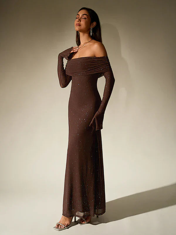 Alina Brown Evening Dress - Strapless - Glitter - Sheer Sleeves