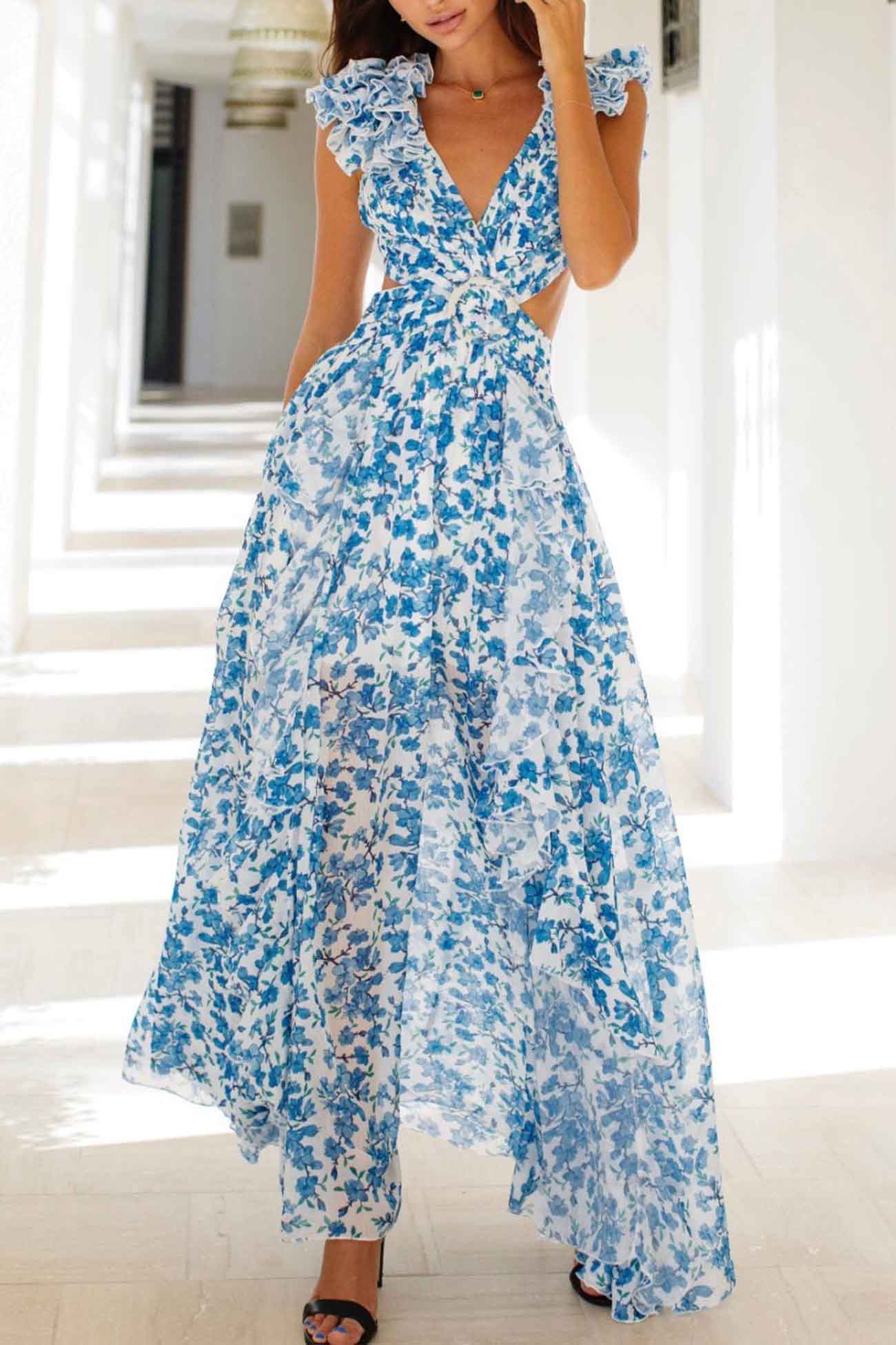 Floral Maxi Dress - V-Neck - Ruffled Sleeves - Waist Cut-Out
