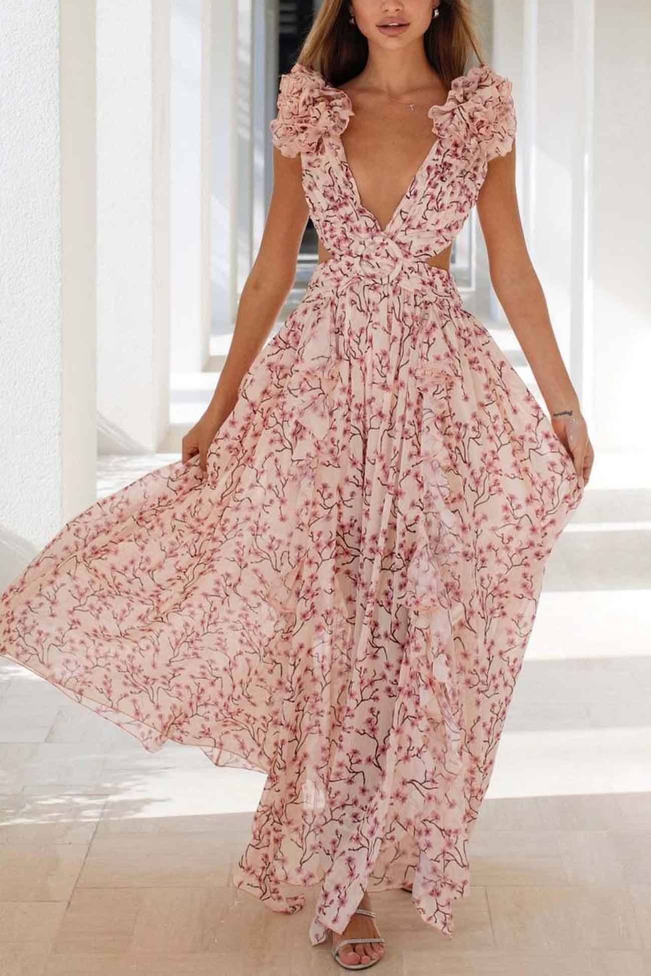 Floral Maxi Dress - V-Neck - Ruffled Sleeves - Waist Cut-Out