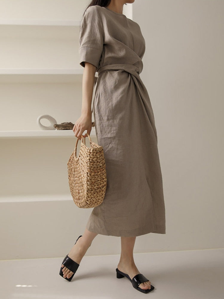 Khaki Linen Midi Dress - Minimalist Evening Party Dress