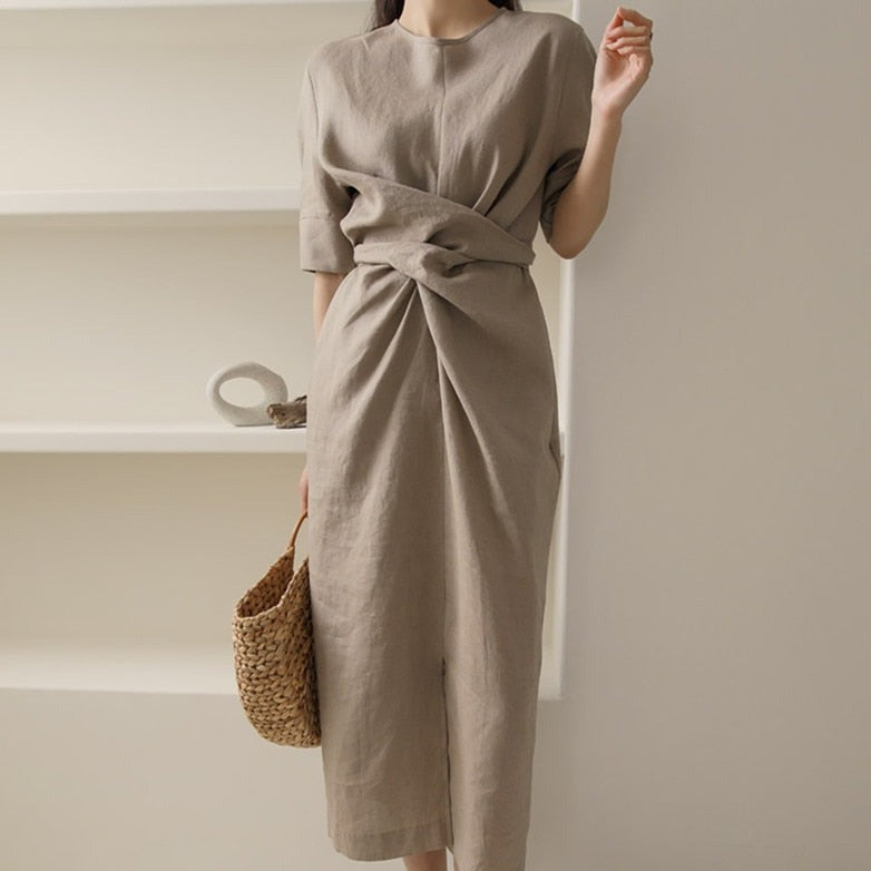 Khaki Linen Midi Dress - Minimalist Evening Party Dress
