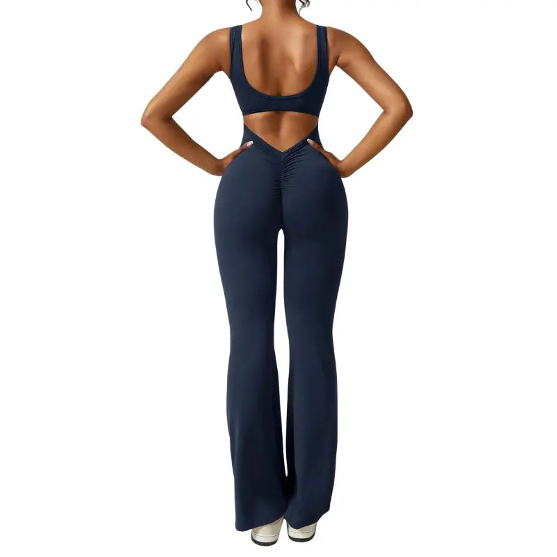 Adeline - Flared Yoga Jumpsuit with Deep V-Back