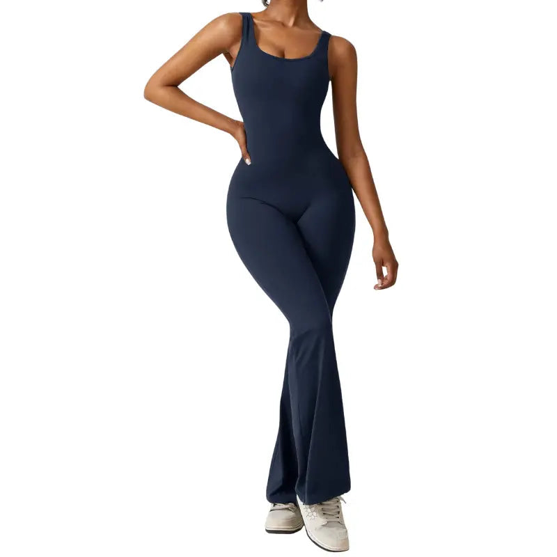 Adeline - Flared Yoga Jumpsuit with Deep V-Back