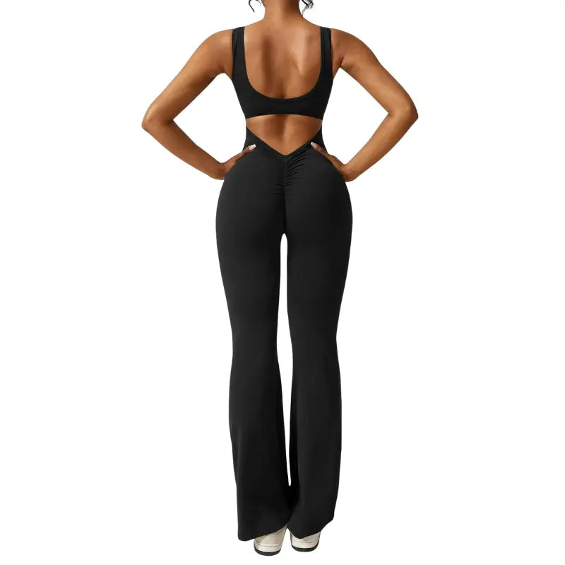 Adeline - Flared Yoga Jumpsuit with Deep V-Back