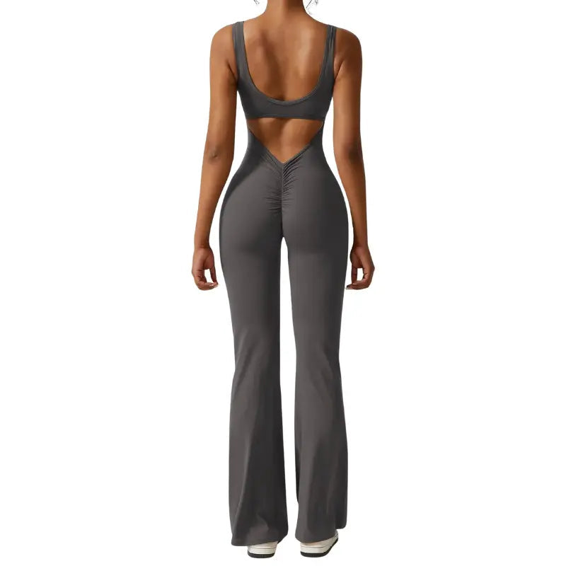 Adeline - Flared Yoga Jumpsuit with Deep V-Back