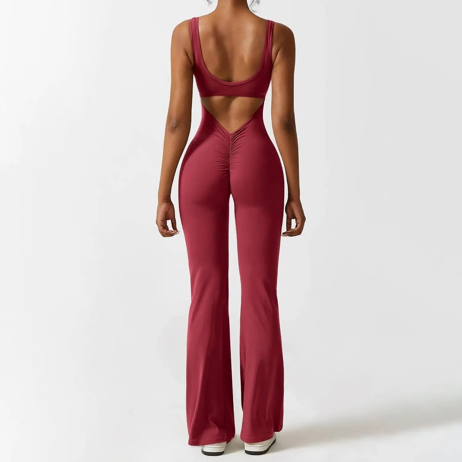 Adeline - Flared Yoga Jumpsuit with Deep V-Back