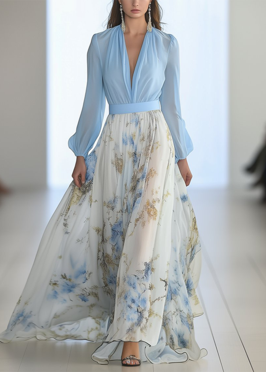 Maxi Evening Dress - Deep V-Neck - Floral Hem