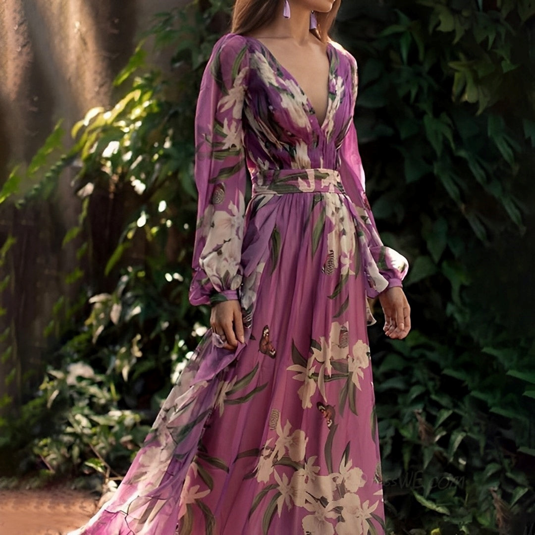 Long Elegant Chiffon Maxi Dress - Floral Pattern - V-Neck