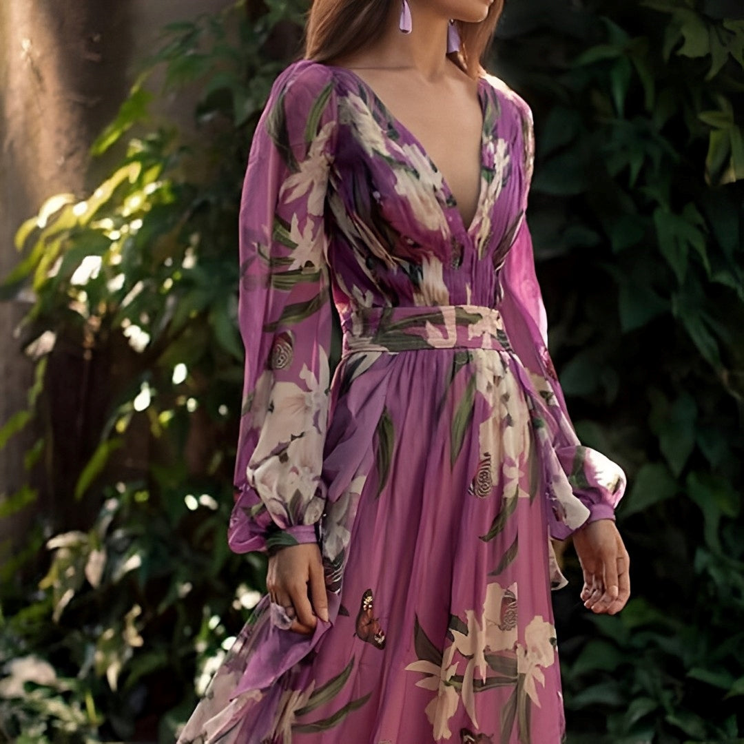 Long Elegant Chiffon Maxi Dress - Floral Pattern - V-Neck