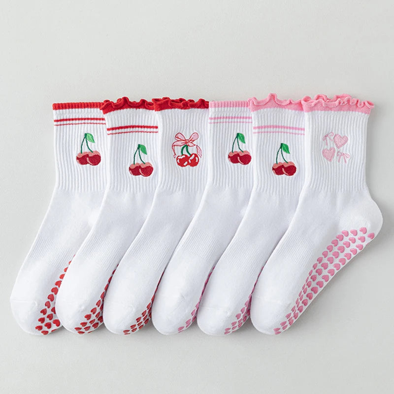 Women’s Pilates Socks - Cherry Embroidered Non-Slip