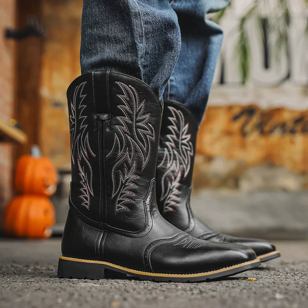 Men's Classic Embroidered Cowboy Boots - Mid-Calf - Square Toe