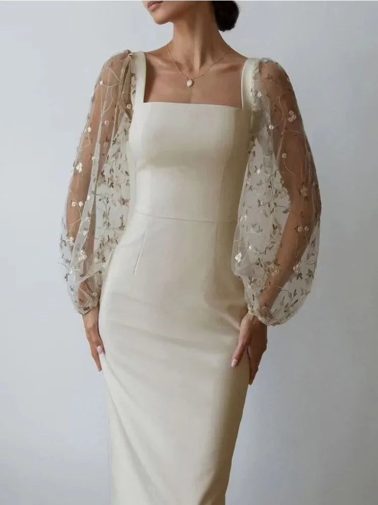 Evening Dress - Elegant Midi - Tulle Sleeves