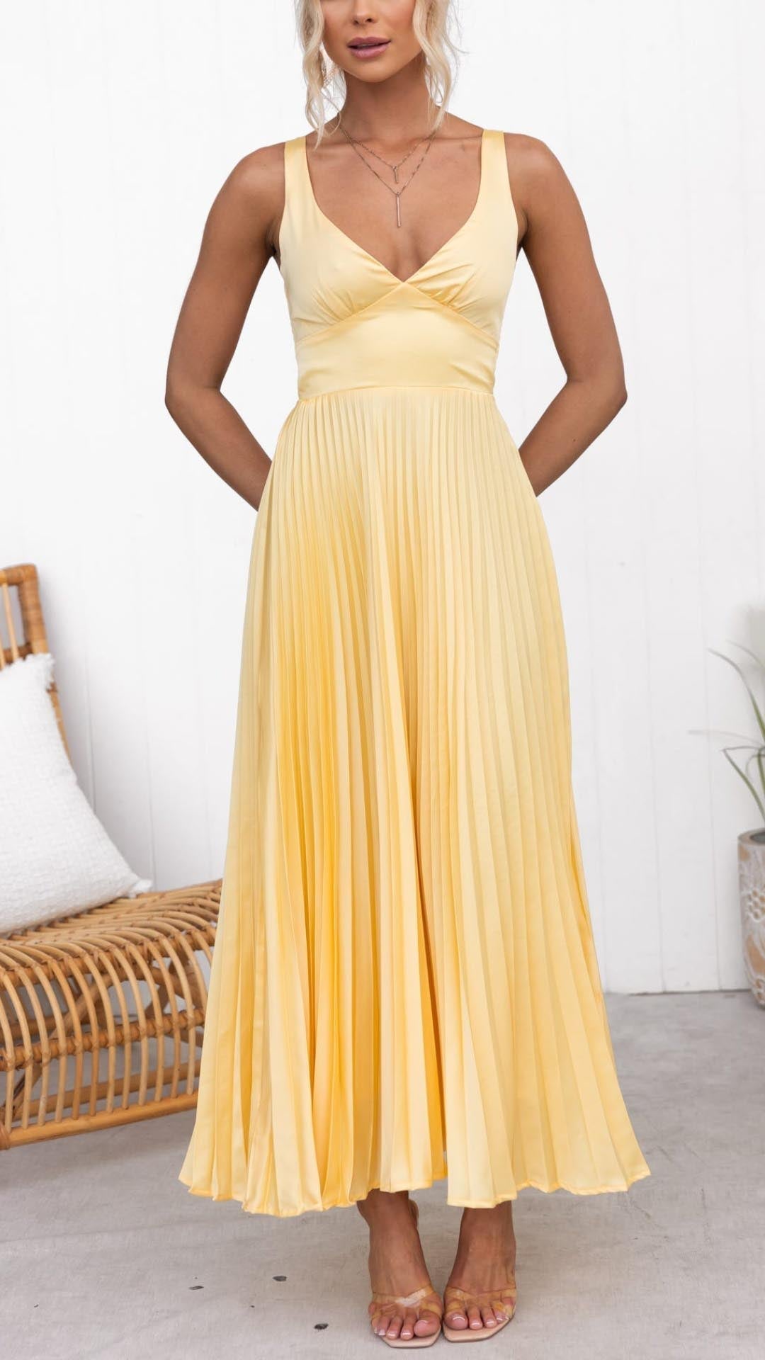 Pleated A-Line - Maxi Evening Dress - V-Neck