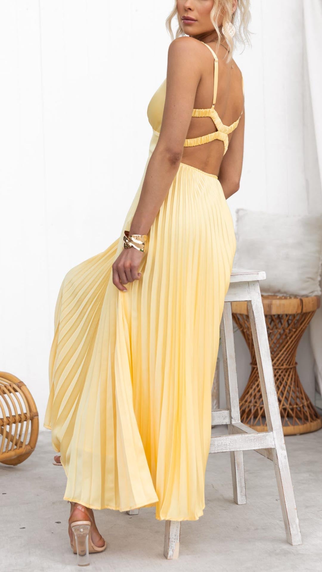 Pleated A-Line - Maxi Evening Dress - V-Neck