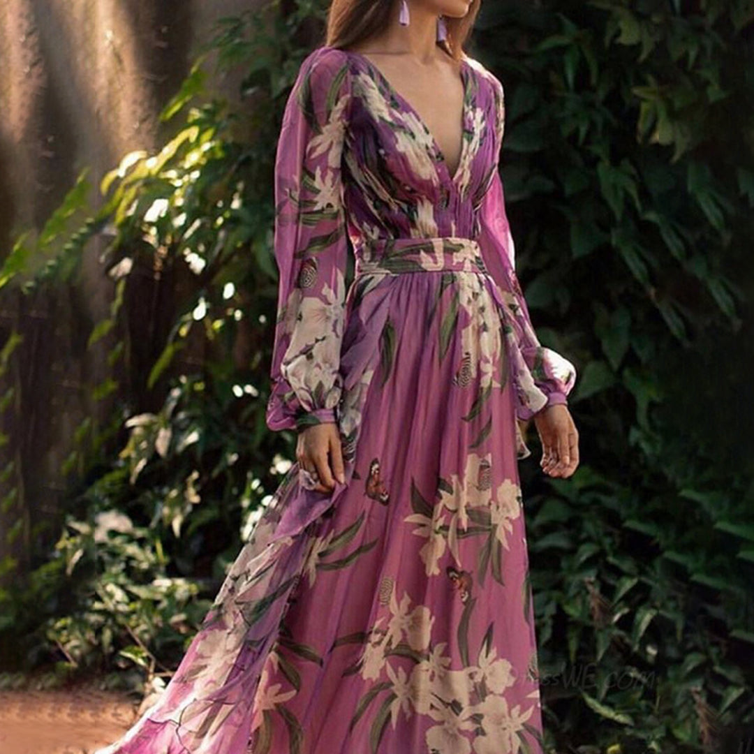Torill - Elegant Floral Evening Maxi Dress - Women's Gown