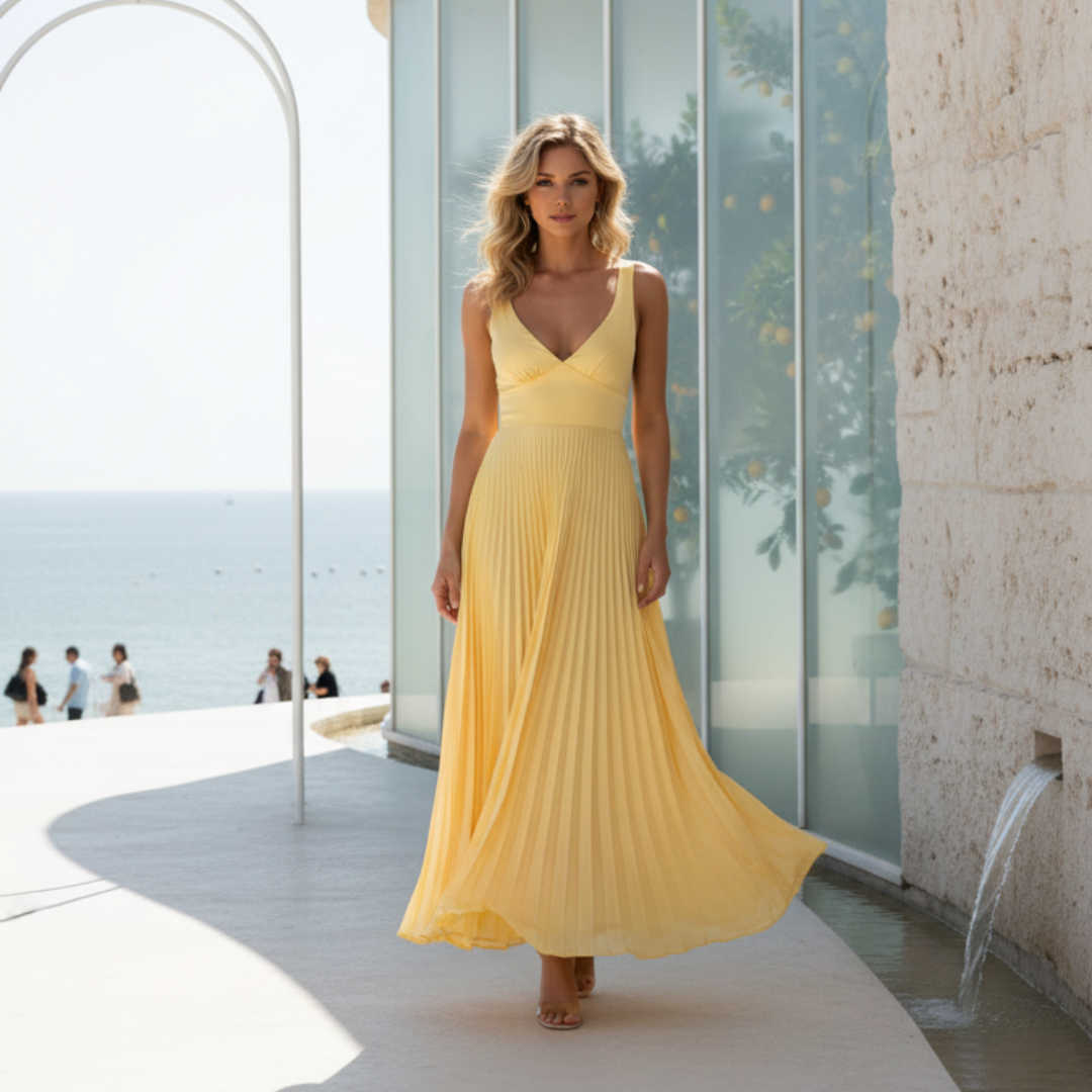 Pleated A-Line - Maxi Evening Dress - V-Neck