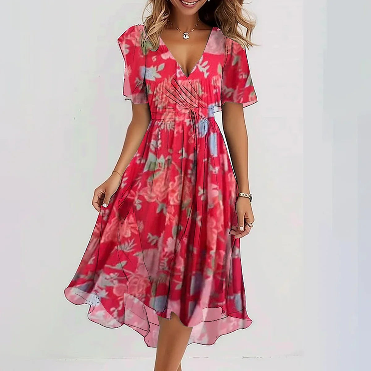 Women's V-Neck Evening Dress - Elegant - Printed Gown