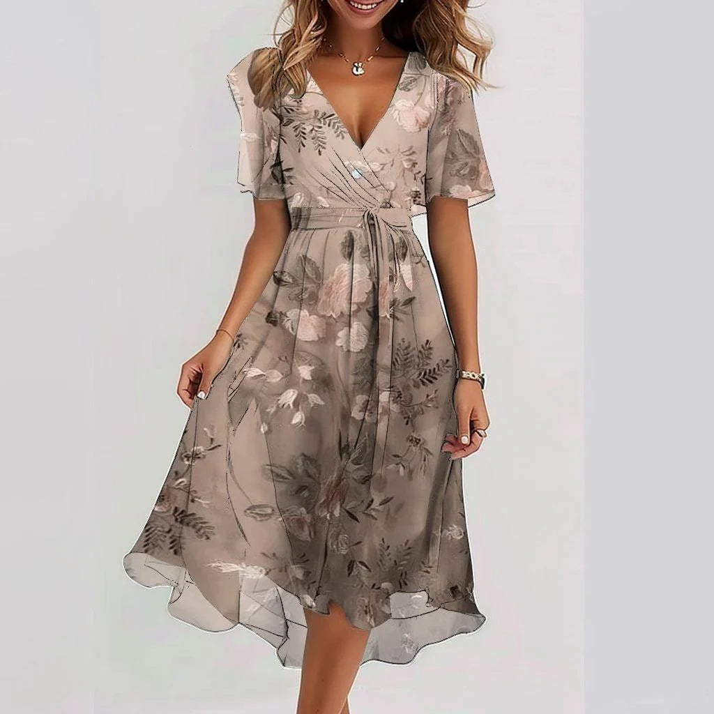 Women's V-Neck Evening Dress - Elegant - Printed Gown