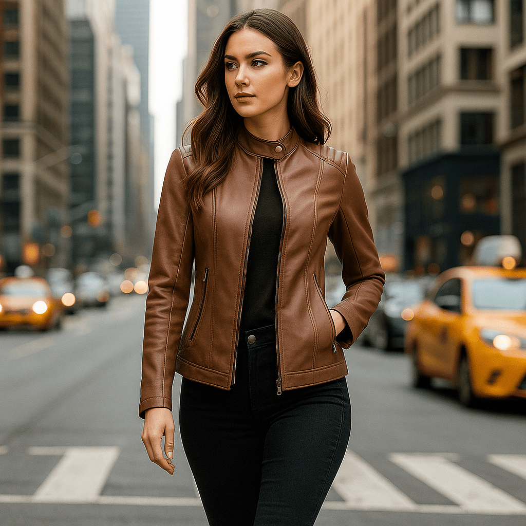 Women's Leather Jacket - Elegant Design - Mao Collar - Comfort