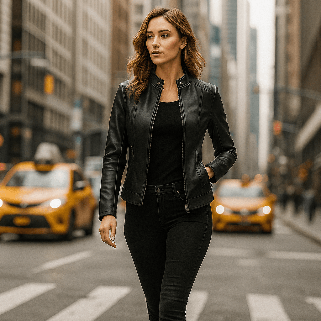 Women's Leather Jacket - Elegant Design - Mao Collar - Comfort