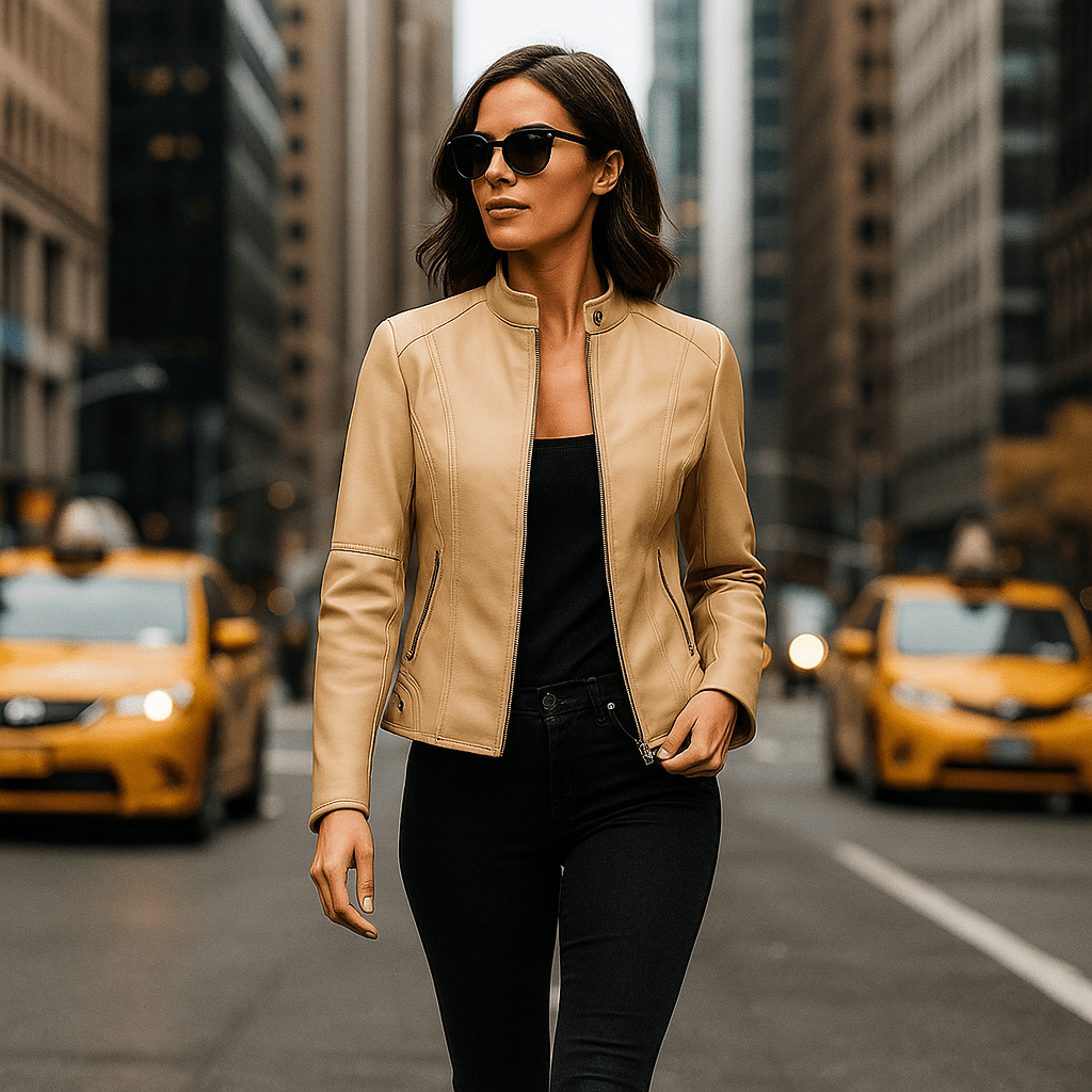 Women's Leather Jacket - Elegant Design - Mao Collar - Comfort