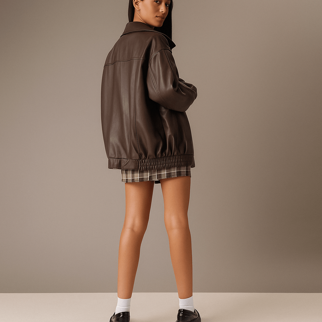 Women's Leather Jacket – Loose Fit – Hip Length – Front Zip