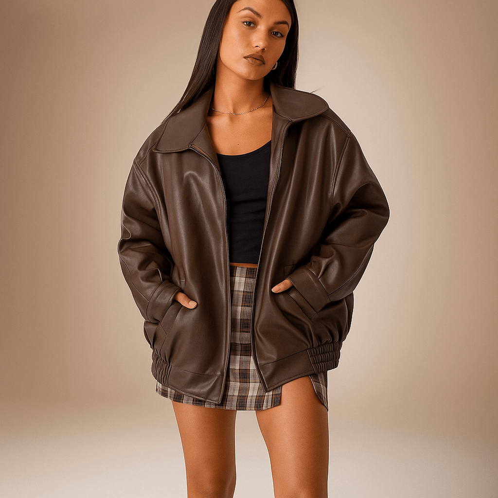 Women's Leather Jacket – Loose Fit – Hip Length – Front Zip