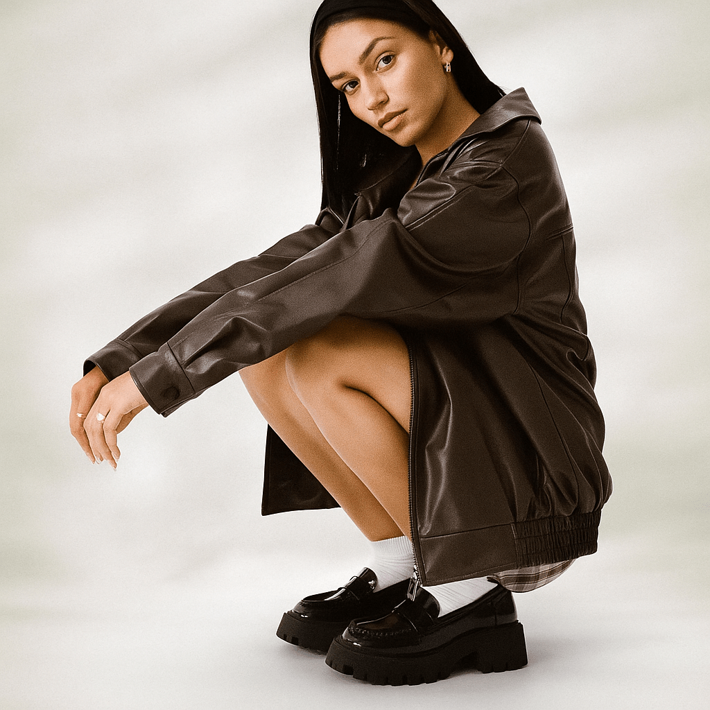 Women's Leather Jacket – Loose Fit – Hip Length – Front Zip