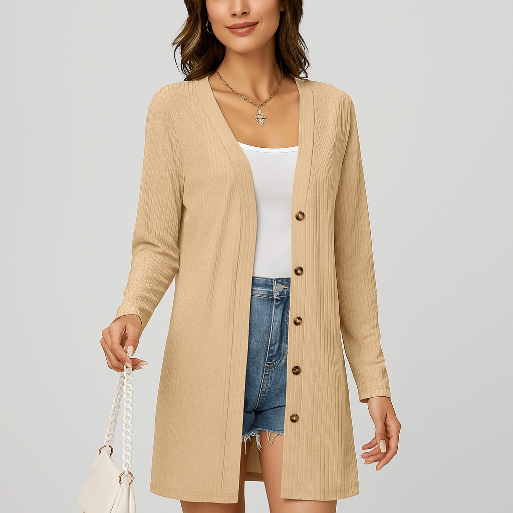 Women's Long Sleeve Cardigan - Button Front - Textured Design