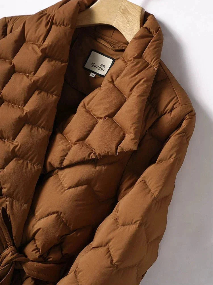 Elegant women's puffer jacket - with belt - warm - stylish