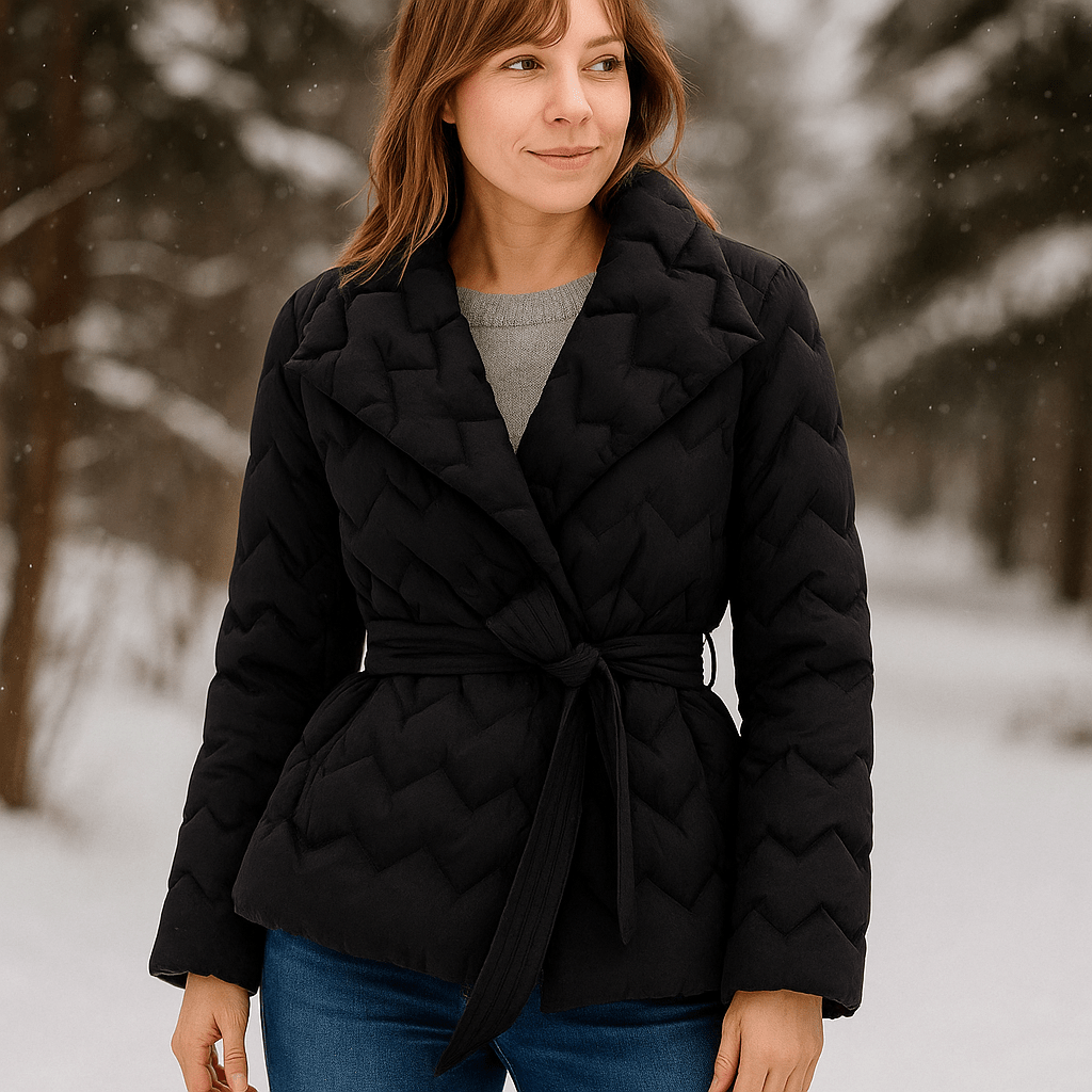 Elegant women's puffer jacket - with belt - warm - stylish