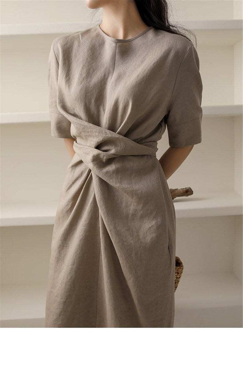 Khaki Linen Midi Dress - Minimalist Evening Party Dress