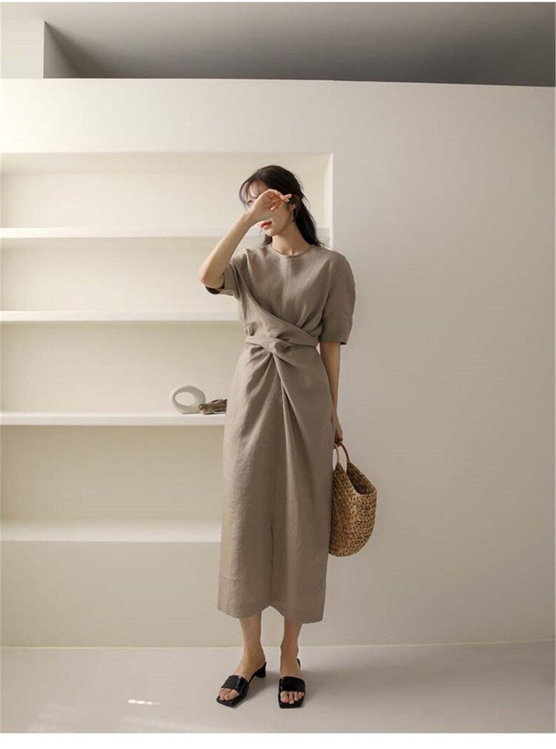 Khaki Linen Midi Dress - Minimalist Evening Party Dress