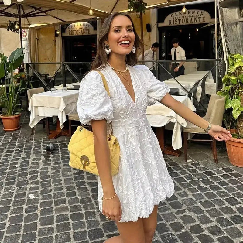 Sophia - White Evening Mini Dress - Puff Sleeves