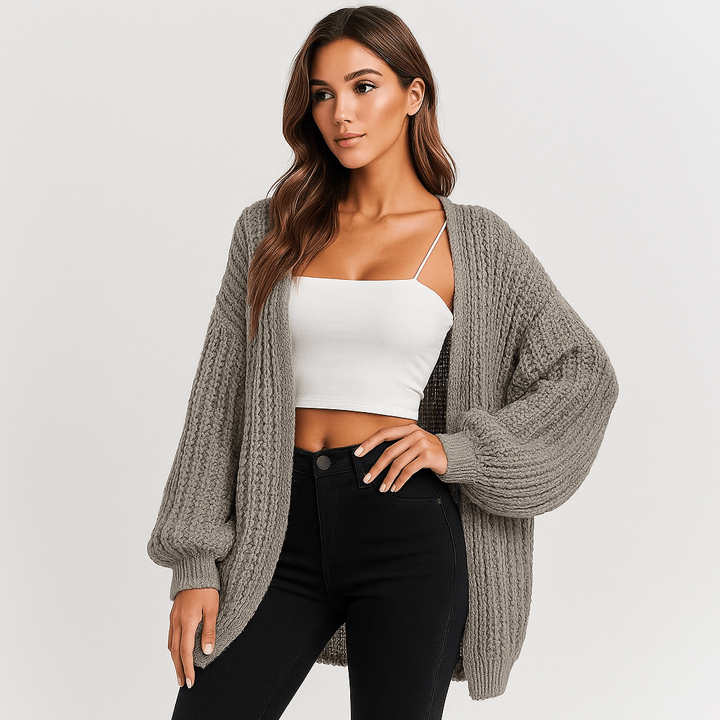 Chunky Knit Cardigan - Oversized Sleeves - Open Cut - Comfort