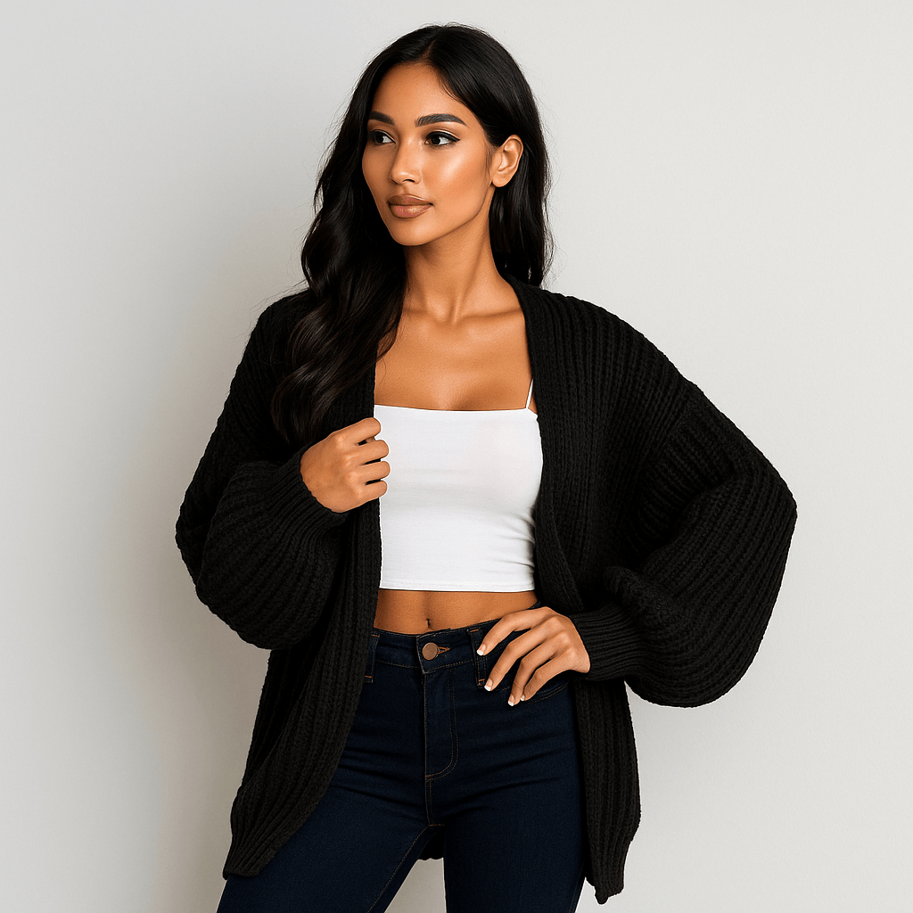 Chunky Knit Cardigan - Oversized Sleeves - Open Cut - Comfort