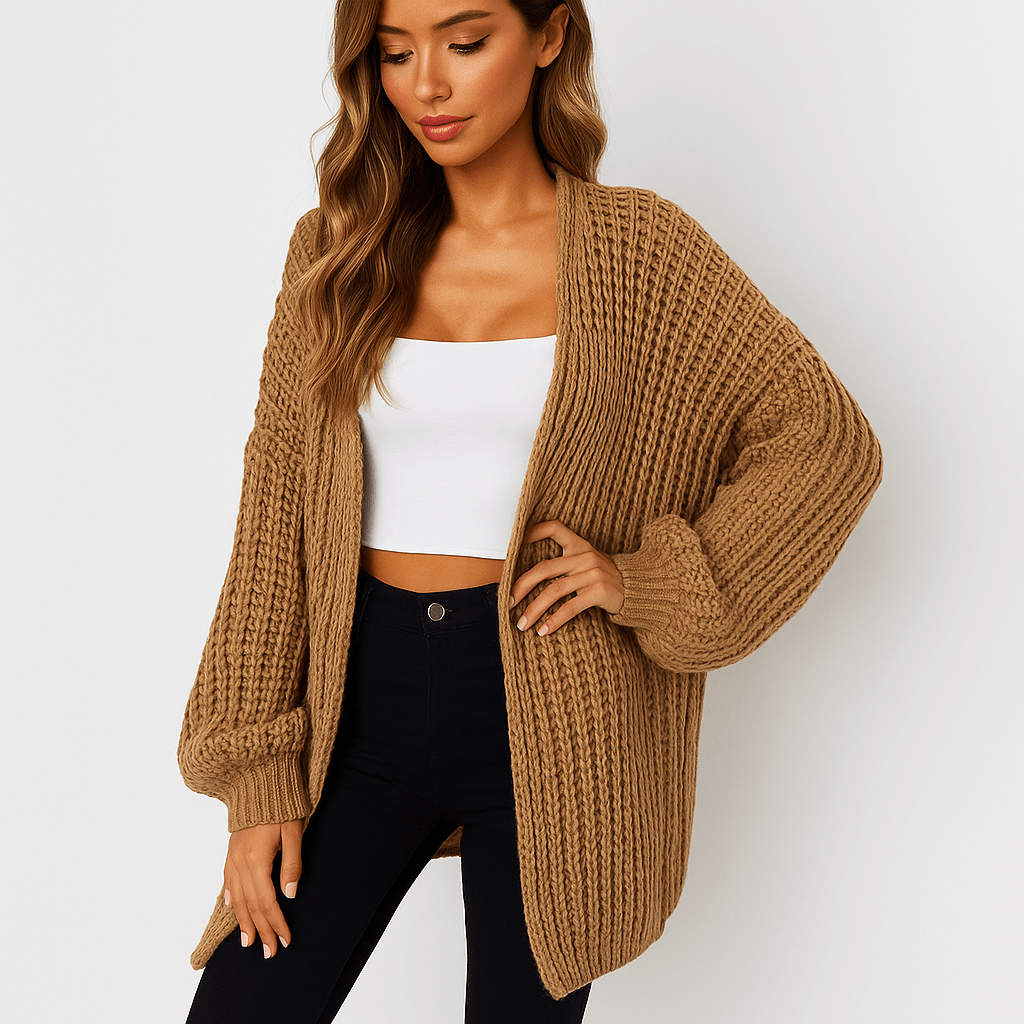 Chunky Knit Cardigan - Oversized Sleeves - Open Cut - Comfort