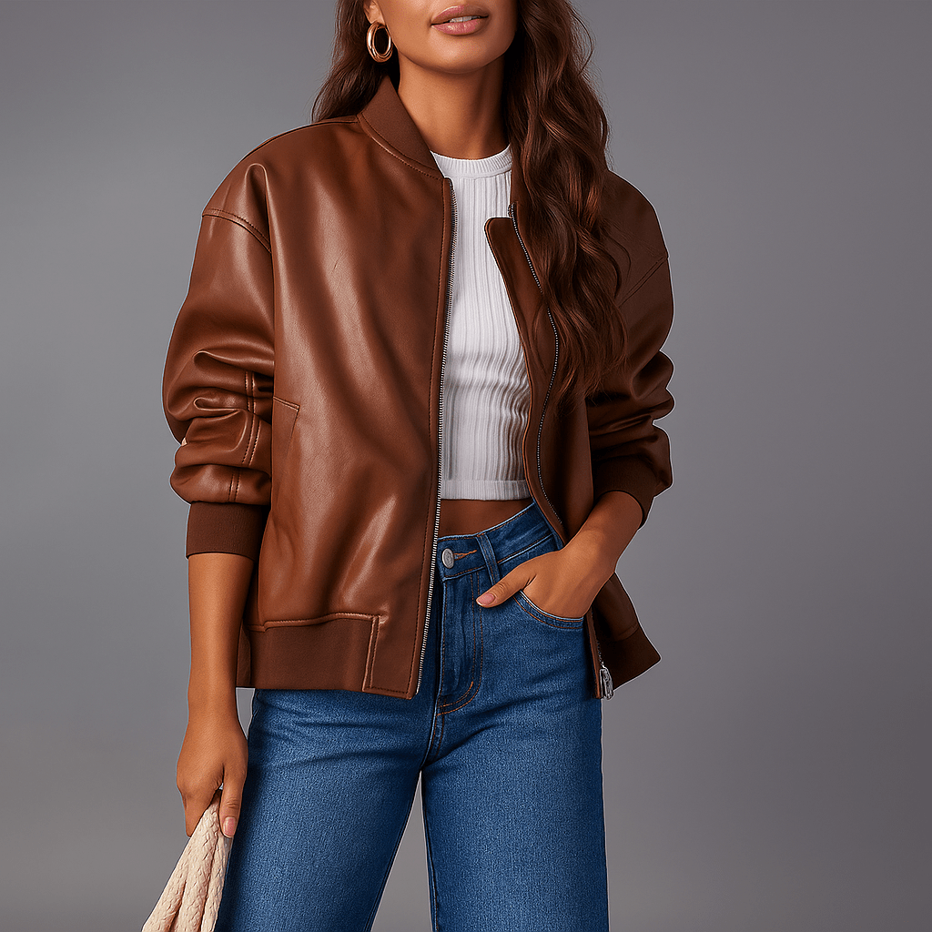 Women's Oversized Leather Jackets - Zip Fastening - Ribbed Edge - Hip Length