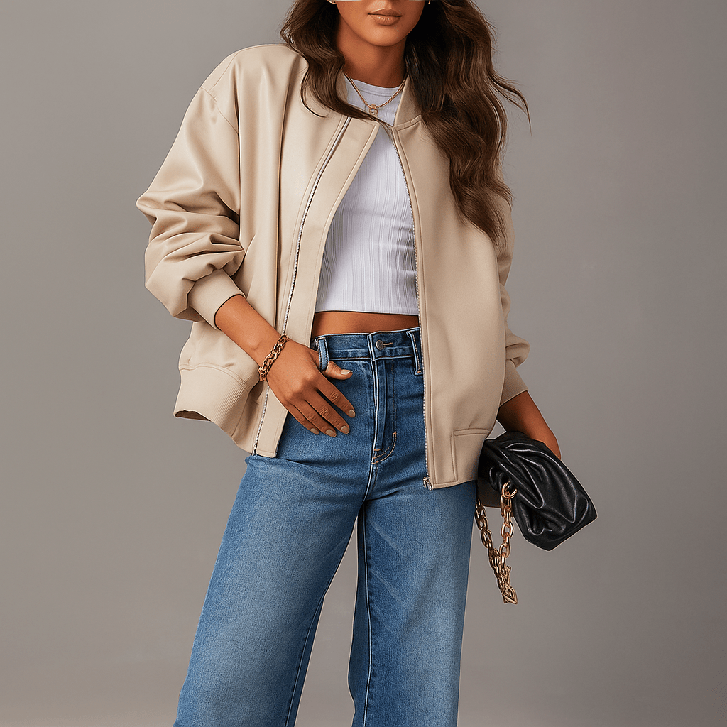 Women's Oversized Leather Jackets - Zip Fastening - Ribbed Edge - Hip Length