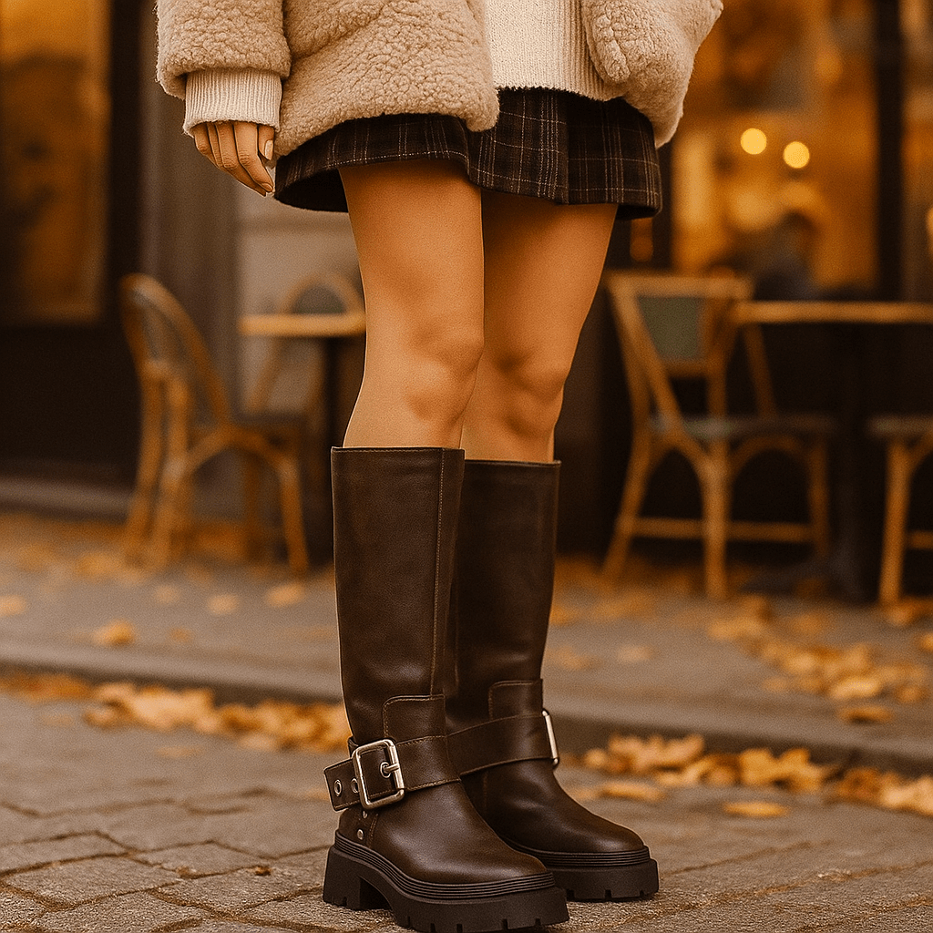 Bottes hauteur genou - Semelle plate épaisse - Boucle rétro